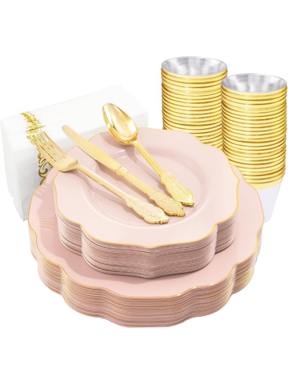 175PCS Pink Party Plates & Gold Silverware Set - Perfect for Weddings, Showers